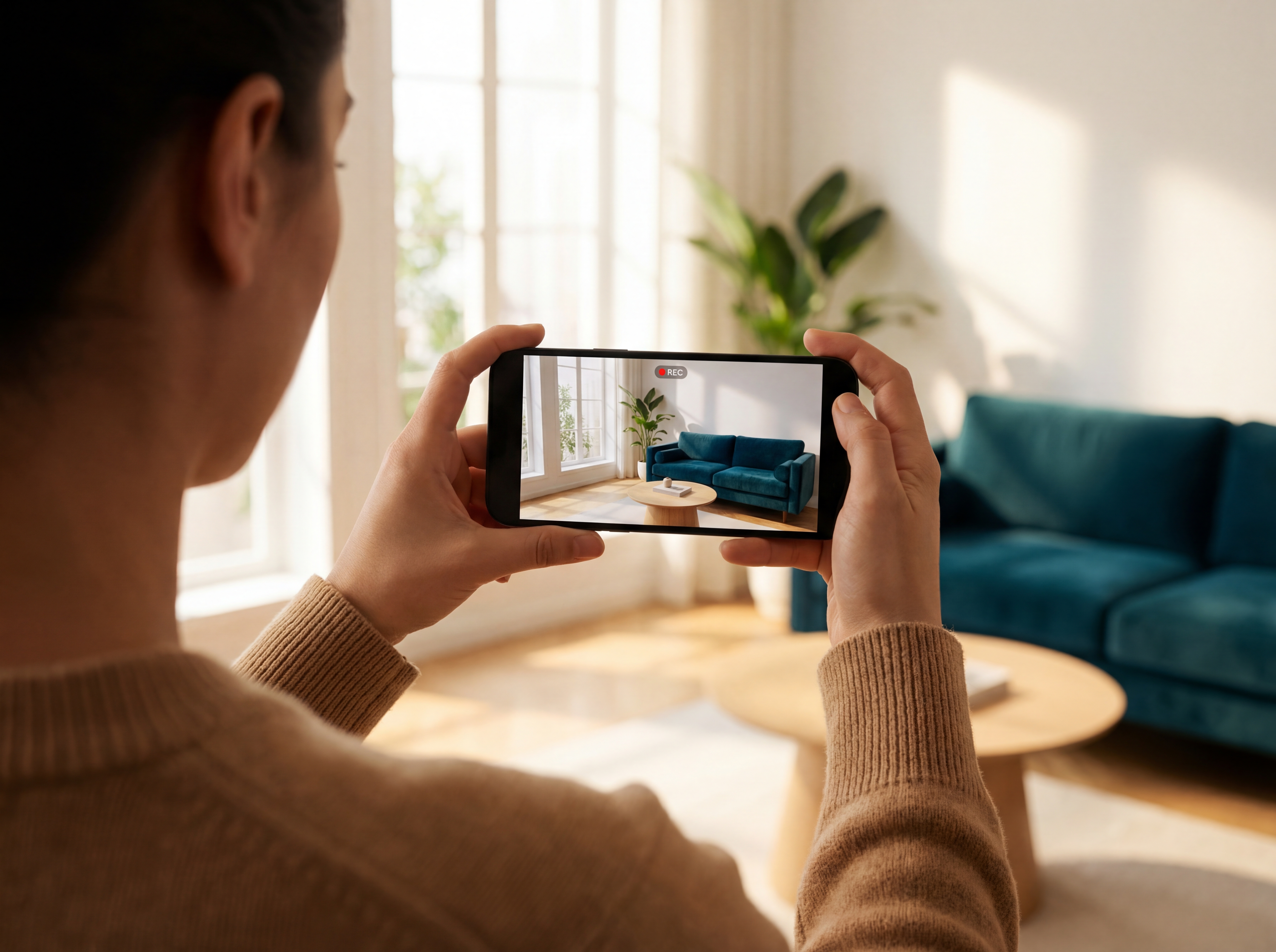 Person recording their living room for a MovePrep AI volume audit